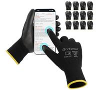 Velway Guantes de Trabajo con Pantalla Táctil - 12 Pares Guantes Jardineria Finos Recubrimiento de PU para Hombre y Mujer - Multiusos para Mecánica Construcción Pintura Bricolaje - Negro Talla 8/M