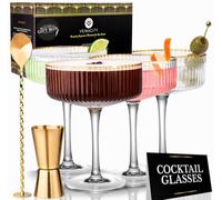 Vemacity Espresso Martini vasos con borde acanalado, cuchara y jigger, copas de cóctel, copas de champán coupé, juego de 4 copas de cóctel grandes, set de regalo de martini espresso