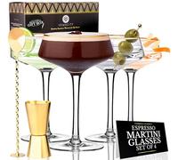 Vemacity Juego de 4 vasos de Martini de lujo, vasos de cóctel de soplados a mano con borde dorado, cuchara de cóctel dorada y medidor | Vasos grandes de Martini + libro electrónico de recetas