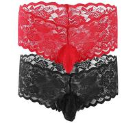 VemeFufu Bóxer Slips Encaje Hombre Tanga Sexy Ropa Interior Sissy Encaje Eróticas Atlético Calzoncillos Transpirable Thong Masculina 2 Pack Negro + Rojo