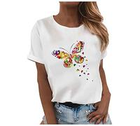 VEMOW Blusas y Camisa Camisetas Manga Corta Mujer Básico T-Shirt Cuello Redondo, Verano Informal Última Blusa Tops con Estampado Mariposa de Color Tallas Grandes Tshirt Original tee(E Blanco,S)