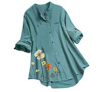VEMOW Camiseta de Manga Ajustables Larga con Cuello Redondo y Estampado de Floral para Mujer Túnica Tops, Elegantes Moda Vintage Jacquard Botón Suelta Talla Grande Blusas Superior Camisas(N Verde,L)