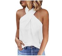 VEMOW Camiseta sin Mangas para Mujer, Camisetas de Tirantes Mujer Tank Tops Tirantes de Fiesta Negro Top Costura Superior de Color Sólido con atrás Cremallera Cuello Halter en la Espalda(Blanco,S)