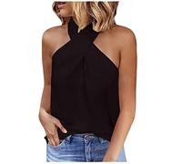 VEMOW Camiseta sin Mangas para Mujer, Camisetas de Tirantes Mujer Tank Tops Tirantes de Fiesta Negro Top Costura Superior de Color Sólido con atrás Cremallera Cuello Halter en la Espalda(Negro,M)