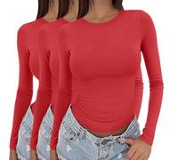 VEMOW Camisetas Mujer 3PCS Camiseta de Manga Larga con Cuello Redondo Slim Elástico Básica Top Sólido Ligero Casual Túnica Tops Pullover Basicas T-Shirt Blusas Elegantes Informales(A20,L)