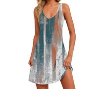 VEMOW Vestido Corto de Verano Mujer Mangas Cuello Redondo Mini Vestidos de Camiseta Línea A Vestido Casual Estampado Floral Vestidos Informal de Playa Vacaciones(I Cielo Azul,M)