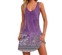 VEMOW Vestido Corto de Verano Mujer Mangas Cuello Redondo Mini Vestidos de Camiseta Línea A Vestido Casual Estampado Floral Vestidos Informal de Playa Vacaciones(D Púrpura,XL)