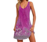 VEMOW Vestido Corto de Verano Mujer Mangas Cuello Redondo Mini Vestidos de Camiseta Línea A Vestido Casual Estampado Floral Vestidos Informal de Playa Vacaciones(D Rosa Caliente,M)