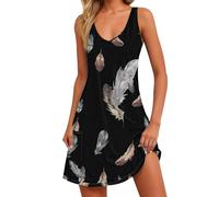 VEMOW Vestido Corto de Verano Mujer Mangas Cuello Redondo Mini Vestidos de Camiseta Línea A Vestido Casual Estampado Floral Vestidos Informal de Playa Vacaciones(H Negro,S)