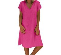 VEMOW Vestido de Las Mujeres del Estilo del Verano del Vestido Femenino de Las Mujeres del algodón Ocasional más el Vestido de Las señoras del tamaño(C Rosa Caliente,M)