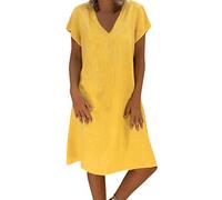 VEMOW Vestido de Las Mujeres del Estilo del Verano del Vestido Femenino de Las Mujeres del algodón Ocasional más el Vestidos de Las señoras del tamaño(C Amarillo,L)