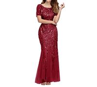 VEMOW Vestido de Noche Elegante Mujer Vestidos de Fiesta Largo de Manga Corta con Lentejuelas Cuello Redondo Vestidos Invitada Boda Vestido de Cóctel Formal Graduación Ceremonia