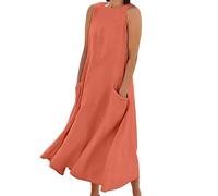 VEMOW Vestido de Verano Mujer Línea A Vestidos Informal de Playa Vacaciones Cómodo Suelto Vestido de Fiesta Playero Sin Mangas Cuello Redondo Midi Vestidos Casual con Bolsillos(Naranja,3XL)