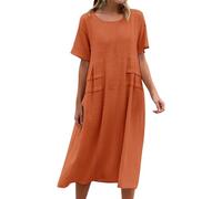 VEMOW Vestido de Verano Mujer Manga Corta Cuello Redondo Vestidos de Algodón y Lino Talla Grande Midi Vestido Casual Cómodo Holgado Vestidos Informal de Playa Vacaciones(A Naranja,5XL)