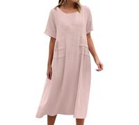 VEMOW Vestido de Verano Mujer Manga Corta Cuello Redondo Vestidos de Algodón y Lino Talla Grande Midi Vestido Casual Cómodo Holgado Vestidos Informal de Playa Vacaciones(B Rosa,XL)