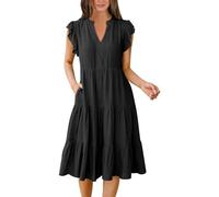 VEMOW Vestido de Verano Mujer Mangas con Volantes Cuello en V Vestidos Informal de Playa Vacaciones Plisado A-línea Vestidos de Fiesta Playeros Vestido Casual con Bolsillos(Negro,XL)