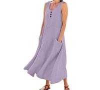 VEMOW Vestido de Verano Mujer Mangas Cuello Redondo con Botones Midi Vestidos Casual A-línea Vestidos Informal de Playa Vacaciones Suelto Vestido de Fiesta con Bolsillos(A Púrpura,3XL)