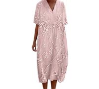 VEMOW Vestido de Verano Mujer Retro Estampado Floral Vestido de Fiesta Playero Manga Corta Cuello en V Vestidos Informal de Playa Vacaciones Holgado Vestidos Casual con Bolsillos(D Rosa,XL)