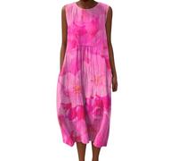 VEMOW Vestido de Verano Mujer Vintage sin Mangas Cuello Redondo Midi Vestidos Casual con Estampado Floral Talla Grande Suelto Vestidos Informal de Playa Vacaciones Túnica Vestido(G Rosa Caliente,3XL)