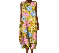 VEMOW Vestido de Verano Mujer Vintage sin Mangas Cuello Redondo Midi Vestidos Casual con Estampado Floral Talla Grande Suelto Vestidos Informal de Playa Vacaciones Túnica Vestido(B Amarillo,3XL)