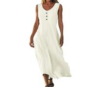 VEMOW Vestido Largo de Verano Mujer Mangas Cuello Redondo Tirantes Vestidos Túnica Casual con Botones Línea A Maxi Vestidos Informal de Playa Vacaciones Larga Vestido de Fiesta(Beige,XL)