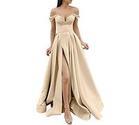 VEMOW Vestidos de Baile Mujeres largas Elegante Halter Sin Espalda Vestidos Largos Satin Spaghetti Party Vestido de Fiesta de Noche Corte Lateral de Boda con Vestido Mujer Otoño(10-Beige,XXL)