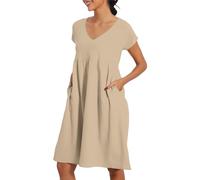 VEMOW Vestidos Verano de Algodón y Lino Mujer Sueltos Casual Vestido Túnica de Manga Corta con Cuello en V Midi Plisado A-línea Vestidos Informal de Playa Vacaciones con Bolsillos(Beige,S)