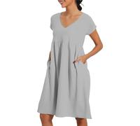 VEMOW Vestidos Verano de Algodón y Lino Mujer Sueltos Casual Vestido Túnica de Manga Corta con Cuello en V Midi Plisado A-línea Vestidos Informal de Playa Vacaciones con Bolsillos(Grey,S)