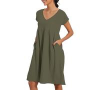VEMOW Vestidos Verano de Algodón y Lino Mujer Sueltos Casual Vestido Túnica de Manga Corta con Cuello en V Midi Plisado A-línea Vestidos Informal de Playa Vacaciones con Bolsillos(Verde,5XL)