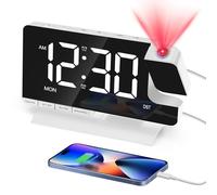 Venchin Reloj despertador de proyección: reloj despertador para mesita de noche con proyector de 180°, alarma Daul, repetición, espejo de pantalla LED con 6 ajustes de brillo, 2 cargadores USB, reloj