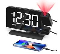 Venchin Reloj despertador de proyección: reloj despertador para mesita de noche con proyector de 180°, alarma Daul, repetición, espejo de pantalla LED con 6 ajustes de brillo, 2 cargadores USB, reloj