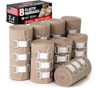 Vendaje de compresión premium - Paquete de 8 - (4 x 7.5cm + 4 x 10cm) - Vendaje elástico duradero + 24 clips extra - Se estira hasta 4,6 m