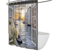 Venecia Vintage Window View Estilo Cortina de Ducha de Tela, Flores, Barcos, Cortinas de baño Atardecer para baño Decoración Moderna Lavable en máquina 150 x 200 cm