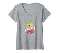 Venezuela Fuerte: Orgullo patriótico del Atardecer del Horizonte Camiseta Cuello V, Mujer, Gris Jaspeado, S