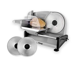 Venga! VG AS 3005 Cortafiambres eléctrico, 1 hoja dentada para el pan, 1 hoja lisa para la charcutería y las verduras, ajuste de precisión del grosor de 0 a 15 mm, carro extraíble y empujador, 200W