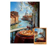 Venice Balcony Pizza Puzzle | Romantic Canal View Wooden Jigsaw with Wine & Sunset | Italy Travel Art Gift for Food Lovers and Decor Fans (XXL-1000PIECES)
