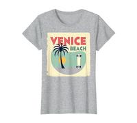 Venice Beach Retro Surf Skateboard Palmera Poster Camiseta, Mujer, Gris Jaspeado, L