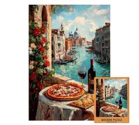 Venice Italy Wooden Puzzle | Pizza and Wine on Canal View Balcony | Romantic Italian Scene | Food and Travel Art Puzzle | Gift for Adults (M-100PIECES)