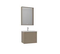 Venprodin - Conjunto de Baño Clay con Lavabo, Espejo de 65 cm y Luz Integrada - 53x65x50 cm - Mueble Beige con Cajón - Diseño Elegante y Funcional para Baños Modernos