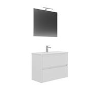 Venprodin - Conjunto de Baño LOVA 80 cm con Lavabo, Espejo y Luz LED - 60x81x37 cm - Mueble Blanco con 2 Cajones - Diseño Moderno y Compacto para Baños Pequeños o Aseos