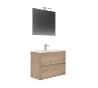 Venprodin - Conjunto de Baño LOVA 80 cm con Lavabo, Espejo y Luz LED - 60x81x37 cm - Mueble Roble con 2 Cajones - Diseño Moderno y Compacto para Baños Pequeños o Aseos