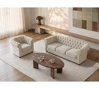 Venta-única - Sofá de 3 plazas y sillón de terciopelo beige Chesterfield