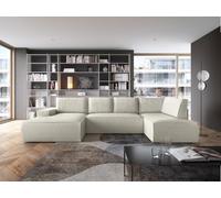 Venta-única - Sofá panorámico de esquina izquierda grande convertible en pana beige AMELIA