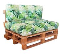 Ventadecolchones - Cojines para palets europalé, Conjunto de Cojines para Sofá Palet Acolchado: Respaldo 120x40 cm + Asiento 120x80 cm desenfundables - Loneta Exterior Antimanchas Hojas Verdes