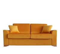 Ventadecolchones - Sofá Cama Italiano 3 Plazas con Subida Y Montaje (207x103x100cm) Berlín en Terciopelo Mostaza con Patas de Madera