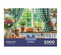 Ventana Cocina Cortina Verde Puzzle de 1000 Piezas Papel Puzzle para Adultos Flores Pan Relajación Hogar 70x50cm/1000pcs