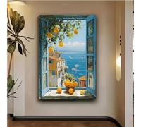Ventana con vista al mar y limoneros. Perfecta para sala de estar, dormitorio, pasillo, bar, cafetería y restaurante (60x80cm/sin marco).