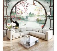 Ventana De GeometríA Papel Pintado Pared Moderno 300x210 cm Loto con vista al lago de estilo chino Fotomurales Decor Pared Tejido No Tejido Decor Murales Fotográfico Moderno Decoración de Paredes