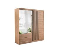 Vente-unique-Armario 3 Puertas y 2 cajones - con Espejo - An.203 cm - Color: Natural y Negro - SIDOVIA