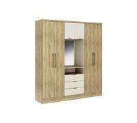 Vente-unique-Armario 6 Puertas y 3 cajones - con Espejo - 180 cm de Ancho - Color: Natural y Beige - ELORIO